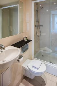 a bathroom with a sink and a toilet and a shower at Fitzwilliam Point in Dublin