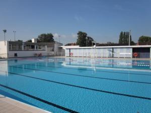 a large swimming pool in front of a building at Manoir Hamme in Hamme