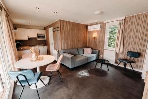 a living room with a couch and a table at Chalet Tulpenweide - recreatie in Breezand