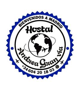 um selo com o nome da escola internacional de Malásia com um globo em HOSTAL ANDREA GRANVIA em Madri