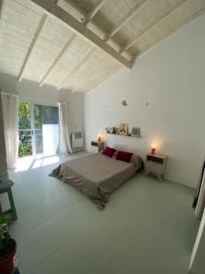 ein Schlafzimmer mit einem Bett und einem großen Fenster in der Unterkunft Departamento 2 ambientes con gran jardin y mucho verde en la Ribera in San Isidro