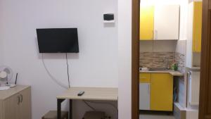 ブラショヴにあるCentral Studio in Historic Centerのデスク、壁掛けテレビが備わる客室です。