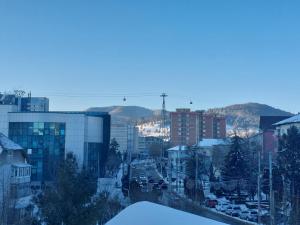 a view of a city with cars and buildings at RG Garsoniera Central in Piatra Neamţ