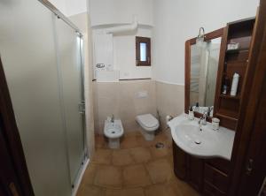 a bathroom with a toilet and a sink and a shower at la casa nella roccia in Scontrone