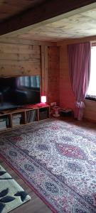 a living room with a flat screen tv and a rug at DesAlpes in Saxeten