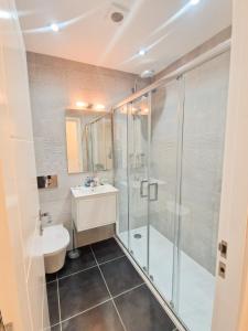 a bathroom with a shower and a sink and a toilet at Charming 2BR Townhouse with Games Room in Hull