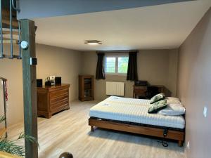 een slaapkamer met een bed, een dressoir en een raam bij Maison de 3 chambres avec spa jardin clos et wifi a Sains in Sains
