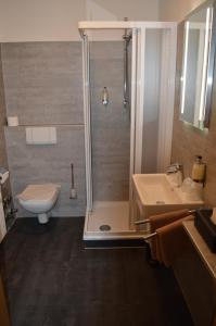 a bathroom with a shower and a toilet and a sink at Hotel Belvedere in Warnemünde