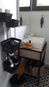 uma casa de banho com um lavatório e uma prateleira com sapatos em L'hôthentique proche Arras em Saint-Laurent-Blangy