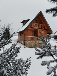 a log cabin with snow on the ground at Fruskogorske brvnare in Velika Remeta