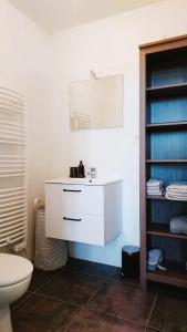 uma casa de banho com um lavatório branco e um WC. em L'appartement de l'Arche em Châteauneuf-de-Gadagne