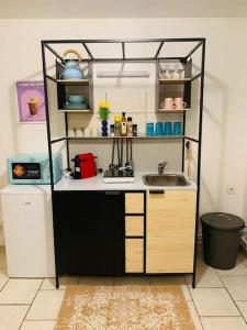 a small kitchen with a sink and a shelf at cocooning modern design studio in Avesnes-sur-Helpe
