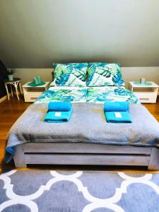 a bedroom with a bed with blue pillows on it at Ostoja Kaczórki in Kaczórki