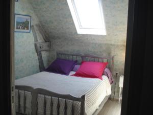 een slaapkamer met een bed met roze en paarse kussens bij Les Basses Rouves Niort in Lassay
