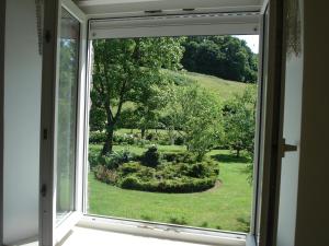 een open raam met uitzicht op een tuin bij Les Basses Rouves Niort in Lassay