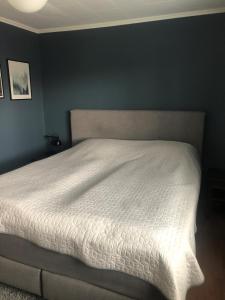 ein Schlafzimmer mit einem weißen Bett und einer blauen Wand in der Unterkunft Vrigstad Rumshotell in Vrigstad