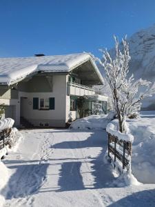 Apartment Dietrich Sylvia في ميلاو: منزل مغطى بالثلج مع شجرة وسياج