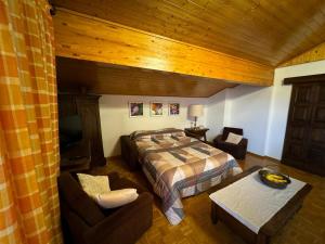 a bedroom with a bed and a tv in a room at Crans Montana spacious 80m2 apartment with stunning view & bus stop outside in Crans-Montana