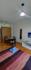 sala de estar con mesa y alfombra en el suelo en Cómodo departamento con balcón en Microcentro en Buenos Aires