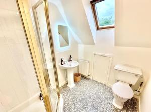 uma casa de banho com um WC e um lavatório em Greenacre Lodge - cosy, dog-friendly rural home with private garden em Redgrave