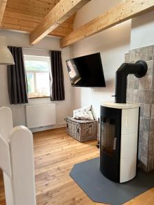 a living room with a wood stove and a tv at Haus Deichkind in Krummhörn