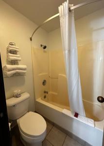 ein Badezimmer mit einem weißen WC und einer Dusche in der Unterkunft The Copper Hotel - SureStay Collection by Best Western in Camp Verde