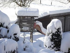 a bird house covered in snow in a yard at Apartment Gästehaus Luggau in Rauris