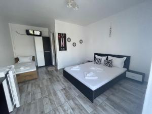a bedroom with a bed and a sink in it at CASA SMARALD in Costinesti