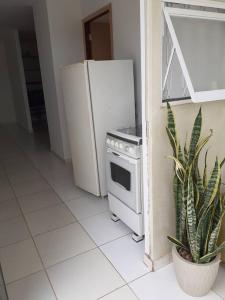 uma cozinha com um frigorífico, um fogão e uma planta em Casa próxima ao centro em Monte Sião