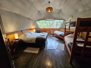 a bedroom with two beds in a tent at Vortice Chile Eco-Lodge in Manzanar