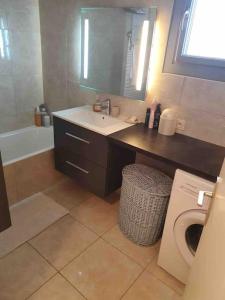 La salle de bains est pourvue d'un lavabo et d'un lave-linge. dans l'établissement Très bel appartement 3 pièces + jardin + parking, à Divonne-les-Bains
