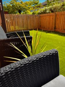 a wicker bench and a plant in a yard at No hidden costs! - 1 Bedroom Apartment - York in York