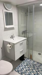 La salle de bains est pourvue d'une douche, d'un lavabo et de toilettes. dans l'établissement Appartement en souplex, à Rueil-Malmaison