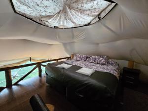 a bedroom with a bed in a tent at Vortice Chile Eco-Lodge in Manzanar