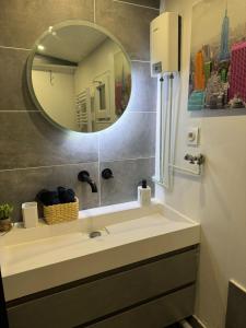 ein Bad mit einem Waschbecken und einem Spiegel in der Unterkunft Maisonnette proche de Paris & Home cinema in Bourg-la-Reine