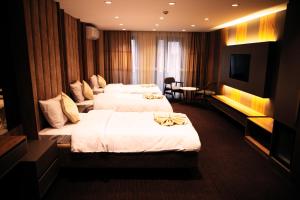 伊斯坦布尔Sabiha Sultan Hotel-Karakoy的有三张床和一台电视的酒店房间