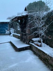 a snow covered house with a tree in the yard at Olive Ranch Guest House in Bergas +5 photos