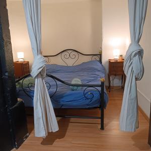 a bedroom with a bed with blue sheets and curtains at l'HYPERCENTRE Loft Atypique et Historique 5 PERS Cathédrale in Clermont-Ferrand