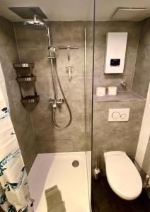 a bathroom with a shower with a toilet and a sink at Apartments Essen-Rüttenscheid in Essen
