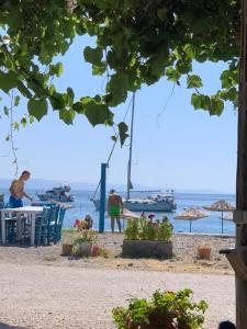 a couple of people on a beach with a boat in the water at Olive Ranch Guest House in Bergas