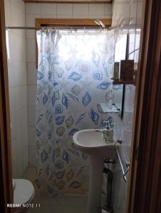 a bathroom with a shower curtain and a sink at JANICO Cabañas in Loncoche