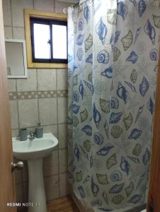 a bathroom with a shower curtain and a sink at JANICO Cabañas in Loncoche