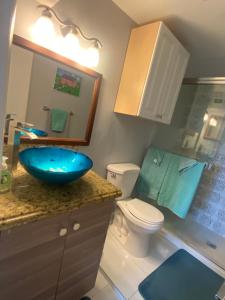 y baño con lavabo azul y aseo. en Private Retreat, en Lake Worth