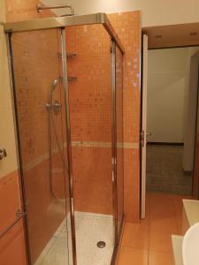um chuveiro com uma porta de vidro na casa de banho em Appartamento centrale e silenzioso em Casalecchio di Reno