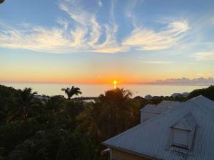 una puesta de sol sobre el océano con palmeras y una casa en Maison de 2 chambres avec vue sur la mer jardin clos et wifi a Gourbeyre a 1 km de la plage, en Gourbeyre