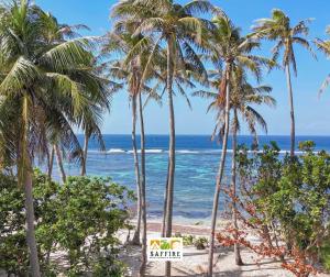 a group of palm trees on a beach with the ocean at Saffire Beach Resort and Glamping in Pagudpud