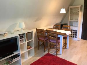 a dining room with a table and chairs and a television at Bergschlössl Herrenwies in Forbach