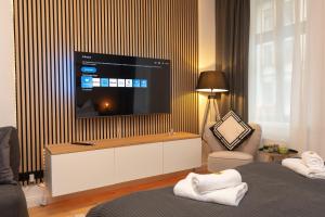 una camera d'albergo con TV appesa a una parete di City-Appartment im Bachhviertel a Lipsia