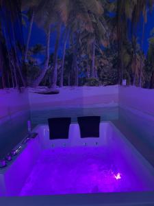 a purple bath tub with two chairs in it at Habitacion con jacuzzi y baño privado in Madrid