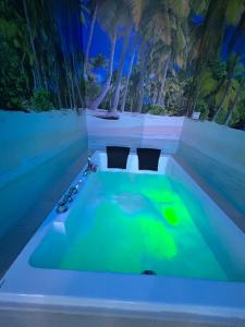 a bath tub filled with green water in a room at Habitacion con jacuzzi y baño privado in Madrid